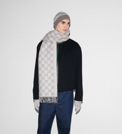 Bonnet et Écharpe en jacquard de cachemire GG ivoire et gris clair